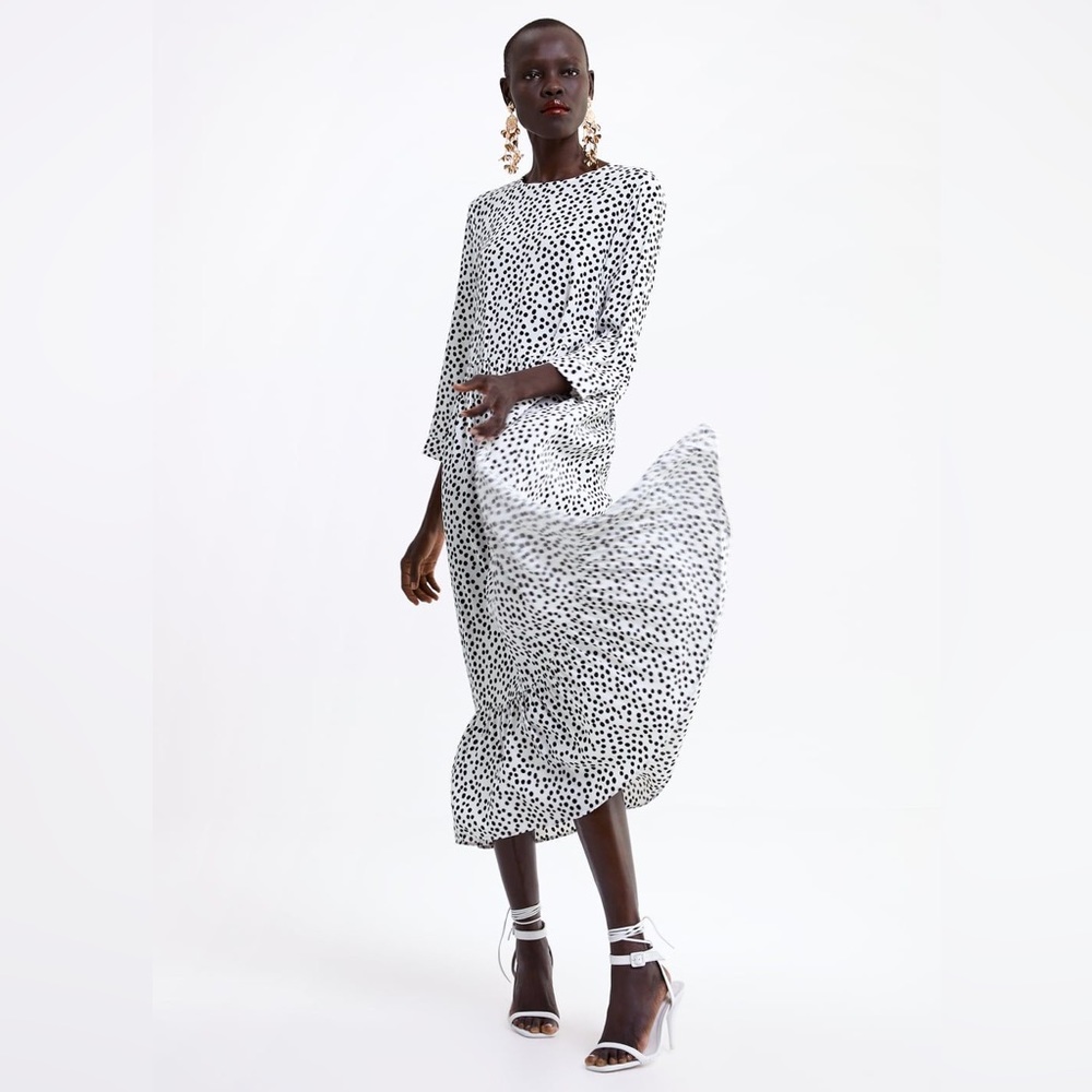 Zara Black White Polka Dot Tiered Midi Dress